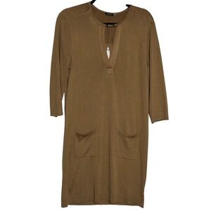 Magaschoni Silk Cashmere Knit Dress Brown 3/4 Sleeve V-Neck Pockets